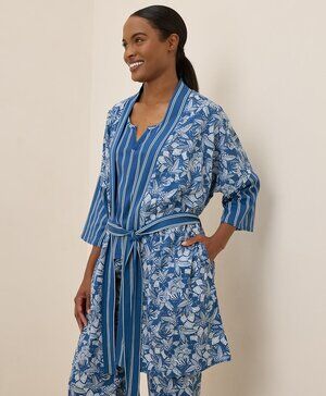 Pact Staycation Short Robe Isle Stripes Blue White XS/S